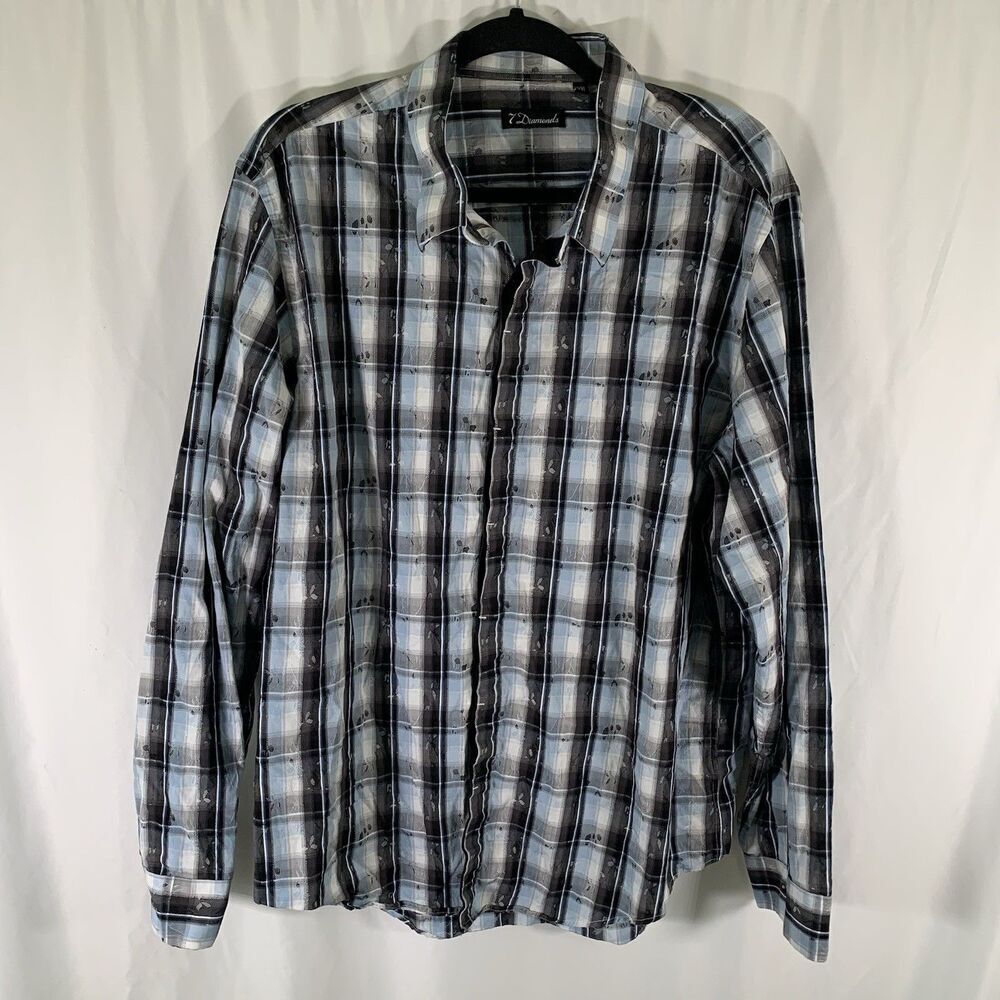 7 Diamonds Shirt Men's XXXL Blue Black Plaid Button Up Long Sleeve 100% Cotton